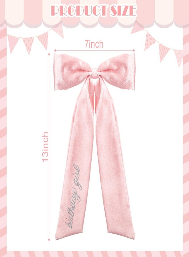 Canlierr Embroidered Pink Birthday Girl Hair Bow for Women Birthday Girl Hair Bow Clips Big Pink Bows Satin Ribbons Accessories Gifts Party Favors - Image 2